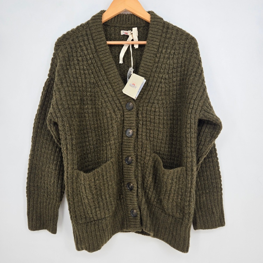 NWT $348 Faherty Olive Green Baby Alpaca Wool Cardigan Oversized Mens M Boho
